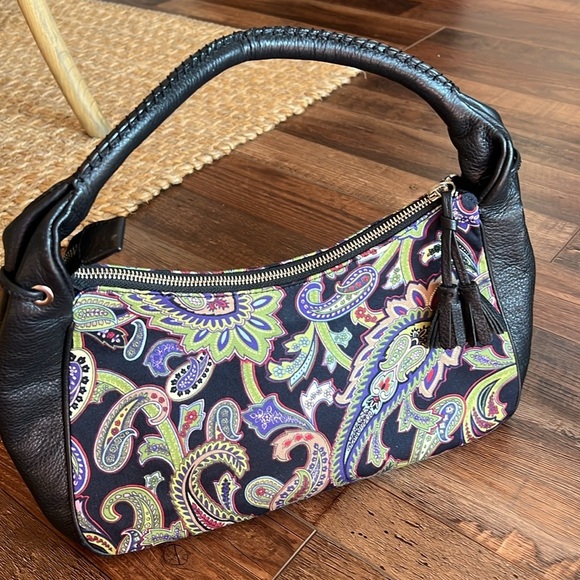 Talbots Black Leather Paisley Satin Mixed Media Boho Shoulder Bag Multicolor